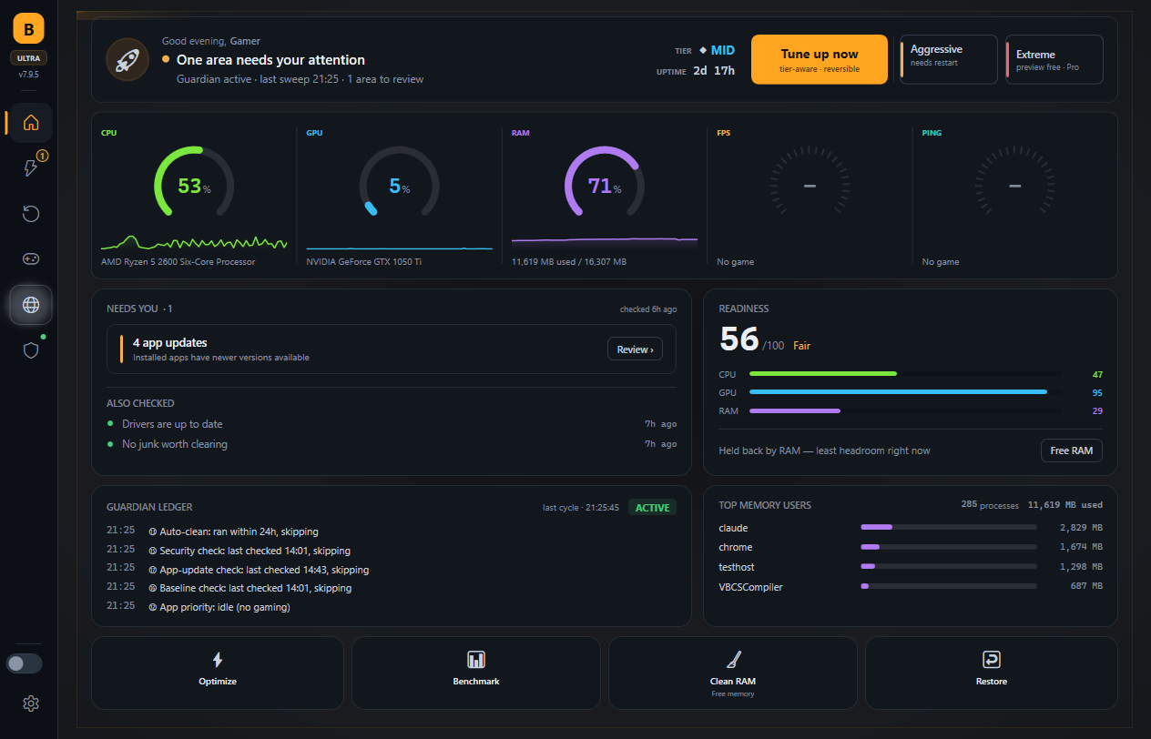 BRUTAL Optimizer 7.9.5 dashboard — live CPU, GPU and RAM gauges with FPS and ping when a game is running, a Needs-you list, a readiness score, the Guardian ledger and one-click Tune up now, Aggressive and Extreme
