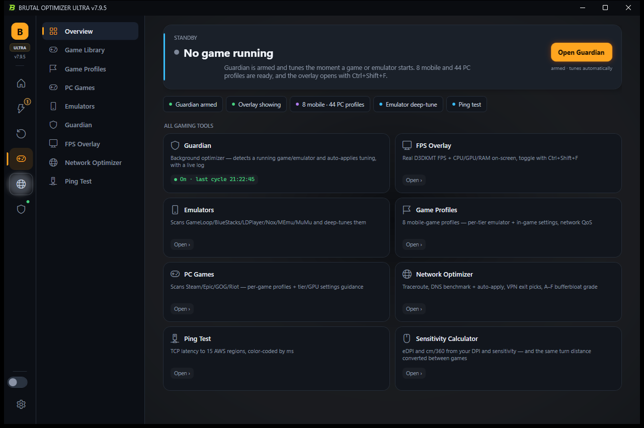 BRUTAL Gaming hub — Guardian armed and waiting for a game, the FPS overlay, emulator and PC game profiles, the network optimizer, ping test and sensitivity calculator