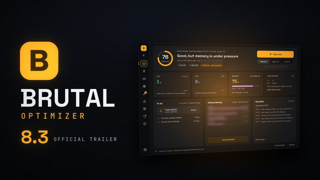 BRUTAL Optimizer 8.3 official trailer: the app's Home screen beside the BRUTAL Optimizer logo